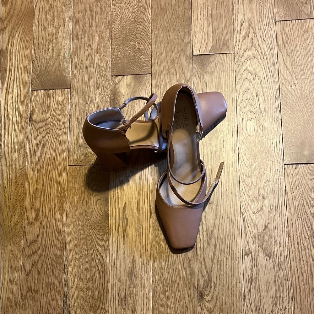 Naturalizer Tan Square-Toe Strappy Block Heel Pumps